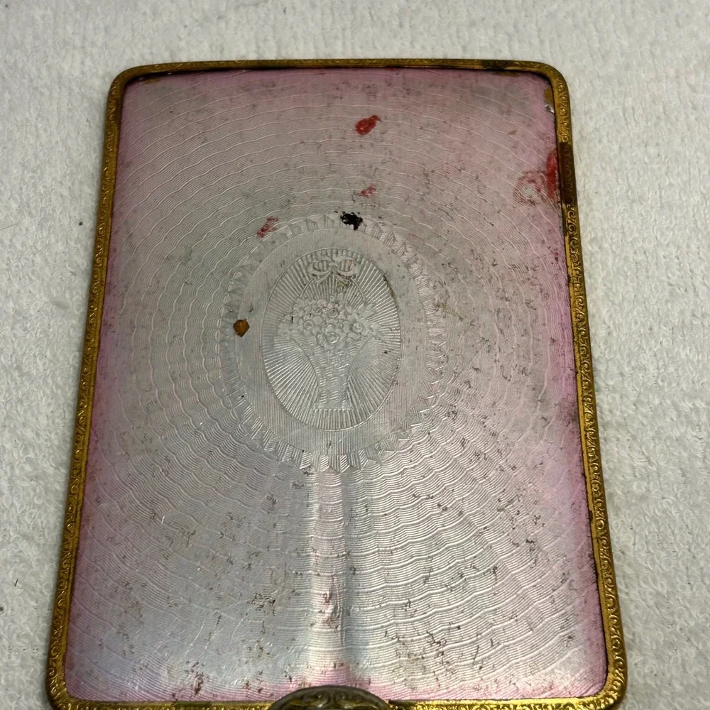 Vintage Art Deco Pink Guilloche Enamel Hand Mirror Flower Basket Beveled Glass